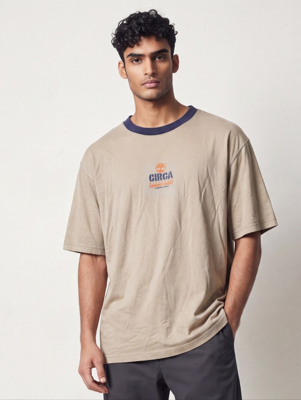 Timberland Men's Beige Short-Sleeve Tee with Navy Rib Collar